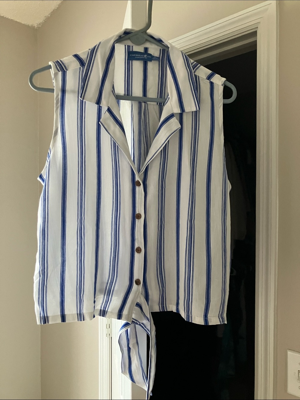 Caribbean Joe White and Blue Striped Tie-Front Crop Top